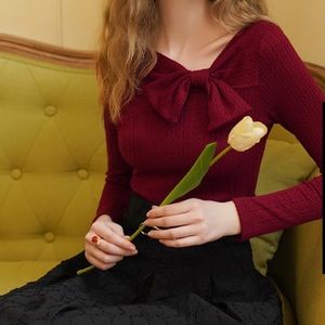 Jasmine Retro Bowknot V-neck Knitted Top-Red, burgundy, small, NEW NEVER WORN
